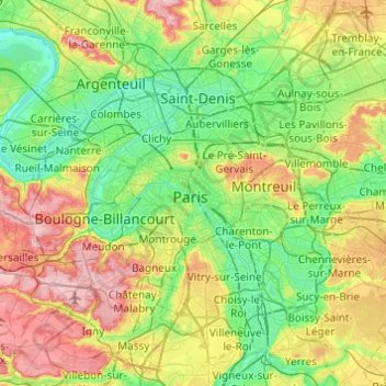 Mapa topográfico Paris, altitude, relevo