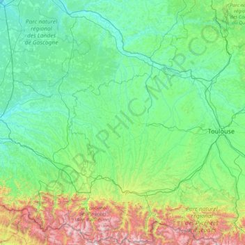 Mapa topográfico Gascogne, altitude, relevo