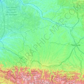 Mapa topográfico Gascogne, altitude, relevo