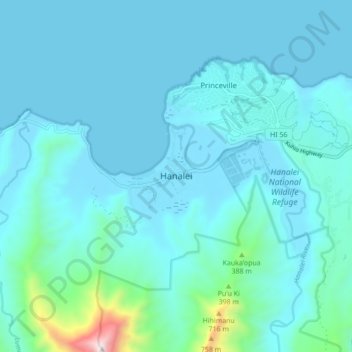 Mapa topográfico Hanalei, altitude, relevo