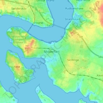 Mapa topográfico Middelfart, altitude, relevo