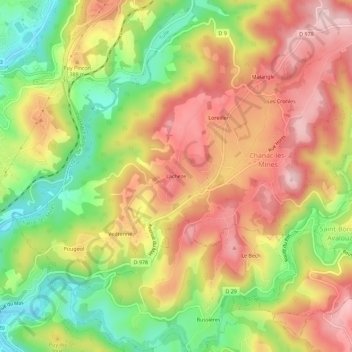 Mapa topográfico Lachèze, altitude, relevo