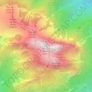 Mapa topográfico Pollegó Superior, altitude, relevo
