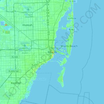 Mapa topográfico Miami, altitude, relevo