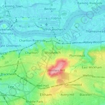 Mapa topográfico Woolwich, altitude, relevo