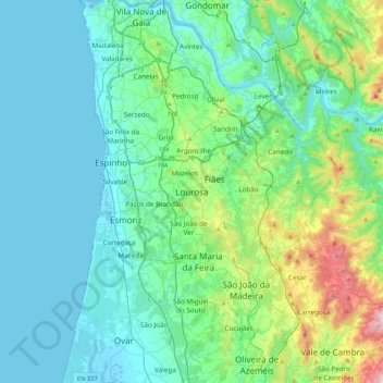 Mapa topográfico Lourosa, altitude, relevo