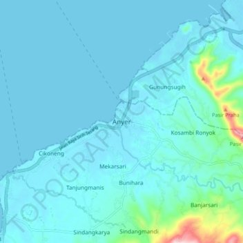 Mapa topográfico Anyer, altitude, relevo