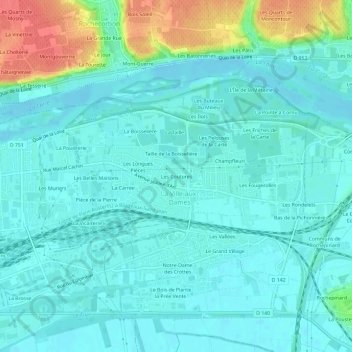 Mapa topográfico Les Coutures, altitude, relevo