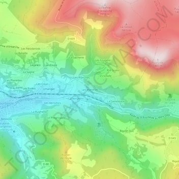 Mapa topográfico Les Planches, altitude, relevo