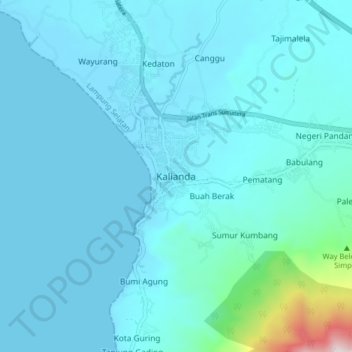 Mapa topográfico Kalianda, altitude, relevo
