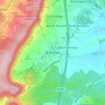 Mapa topográfico Œutrange, altitude, relevo
