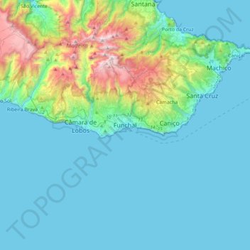 Mapa topográfico Funchal, altitude, relevo