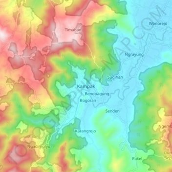 Mapa topográfico Kampak, altitude, relevo