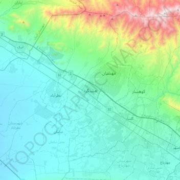 Mapa topográfico Hashtgerd, altitude, relevo