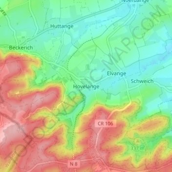 Mapa topográfico Hovelange, altitude, relevo
