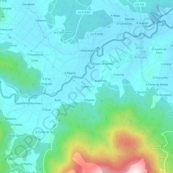 Mapa topográfico Correlos, altitude, relevo