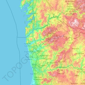 Mapa topográfico Minho, altitude, relevo