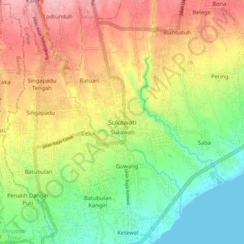 Mapa topográfico Sukawati, altitude, relevo