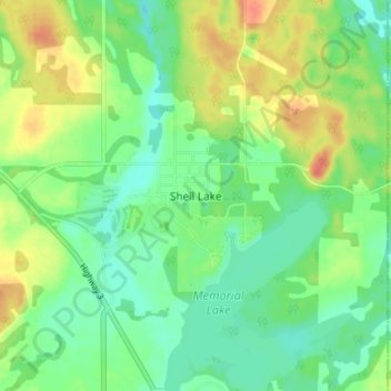 Mapa topográfico Shell Lake, altitude, relevo