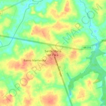 Mapa topográfico Santa Maria do Pará, altitude, relevo