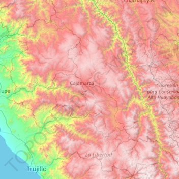 Mapa topográfico Cajamarca, altitude, relevo