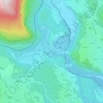 Mapa topográfico Pugieu, altitude, relevo