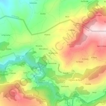 Mapa topográfico Moimentos, altitude, relevo