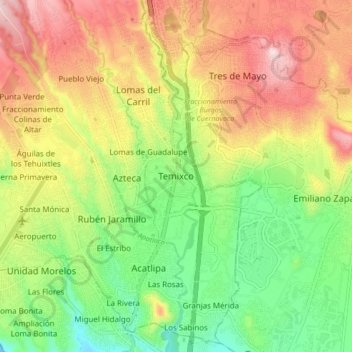 Mapa topográfico Temixco, altitude, relevo