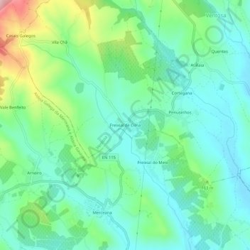 Mapa topográfico Freixial de Cima, altitude, relevo