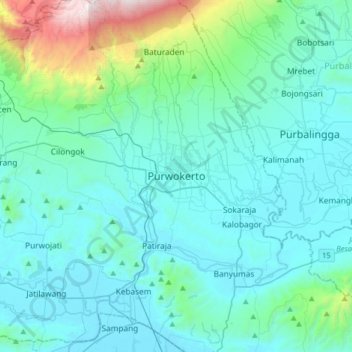 Mapa topográfico Purwokerto, altitude, relevo