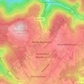 Mapa topográfico Waldkatzenbach, altitude, relevo