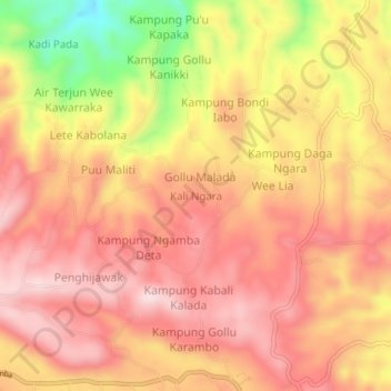 Mapa topográfico Kali Ngara, altitude, relevo