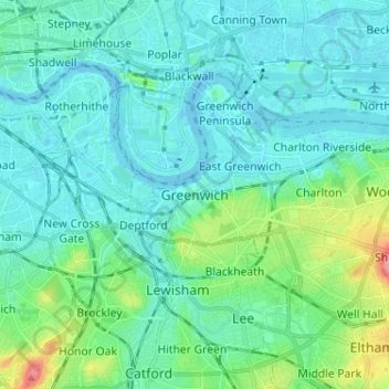 Mapa topográfico Greenwich, altitude, relevo