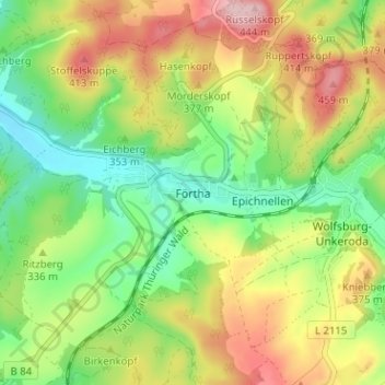 Mapa topográfico Förtha, altitude, relevo