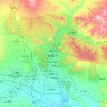 Mapa topográfico Zhangjiakou, altitude, relevo