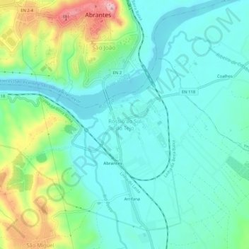 Mapa topográfico Rossio ao Sul do Tejo, altitude, relevo