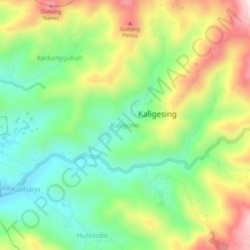 Mapa topográfico Kaligono, altitude, relevo