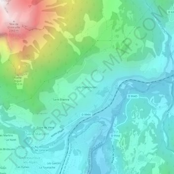 Mapa topográfico Les Chamousses, altitude, relevo