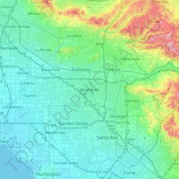 Mapa topográfico Anaheim, altitude, relevo
