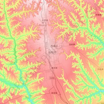 Mapa topográfico Qingyang, altitude, relevo