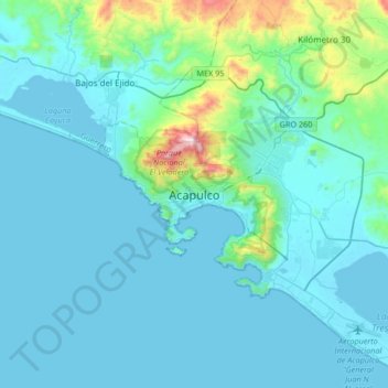 Mapa topográfico Acapulco, altitude, relevo