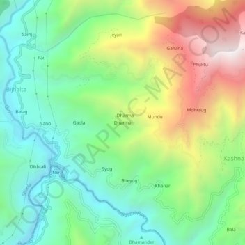 Mapa topográfico Dharma, altitude, relevo