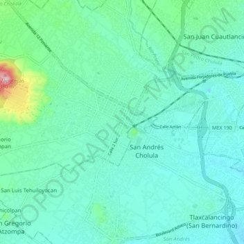 Mapa topográfico Cholula de Rivadavia, altitude, relevo