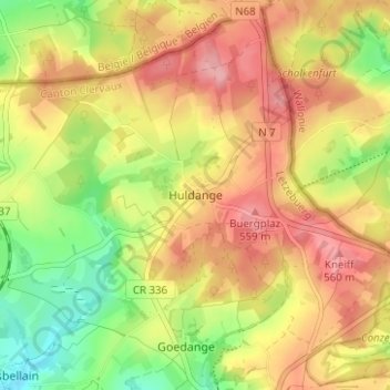 Mapa topográfico Huldange, altitude, relevo