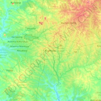 Mapa topográfico Kumasi, altitude, relevo