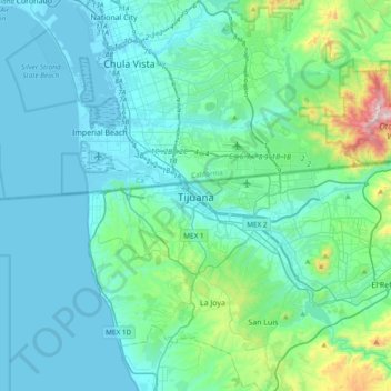 Mapa topográfico Tijuana, altitude, relevo