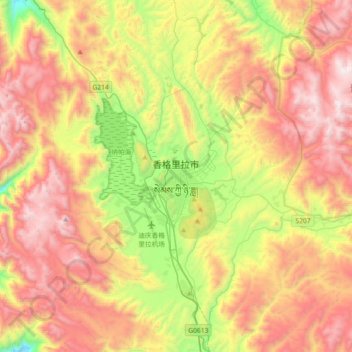 Mapa topográfico Shangri-La, altitude, relevo