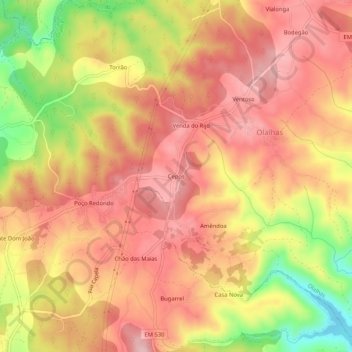 Mapa topográfico Cepos, altitude, relevo