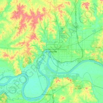 Mapa topográfico Evansville, altitude, relevo