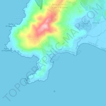 Mapa topográfico Porto Pollo, altitude, relevo